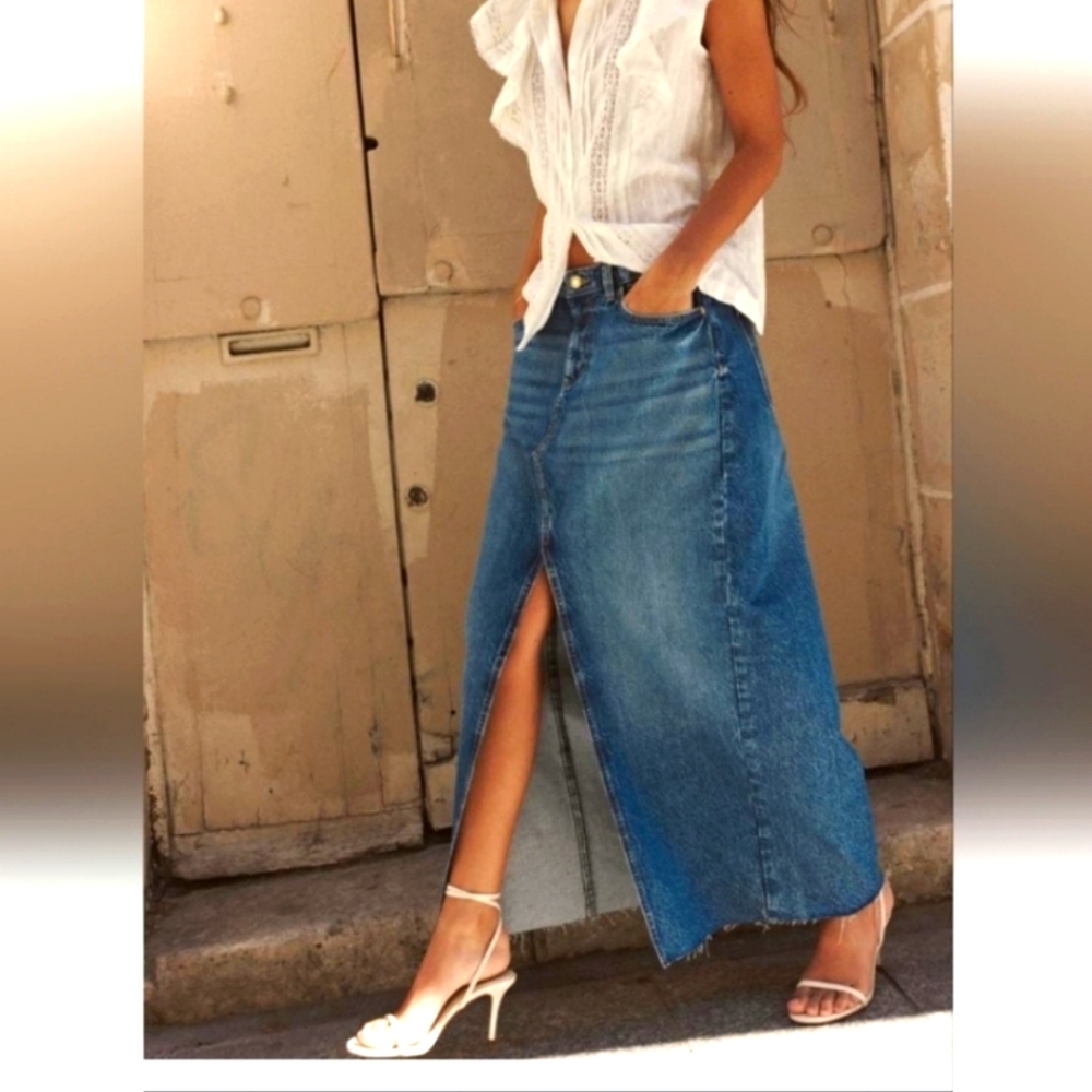 Zara  Slit Denim long / Midi Skirt Med
